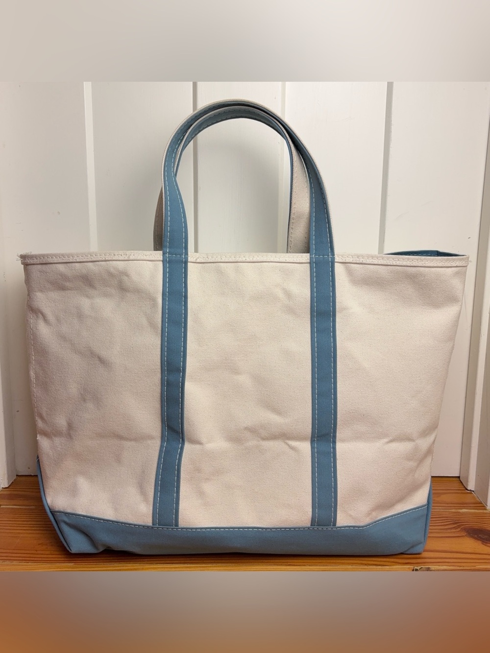 L.L.Bean Boat and Tote Zip-Top Bag Large Slate Blue Cream Cotton Canvas Classic
